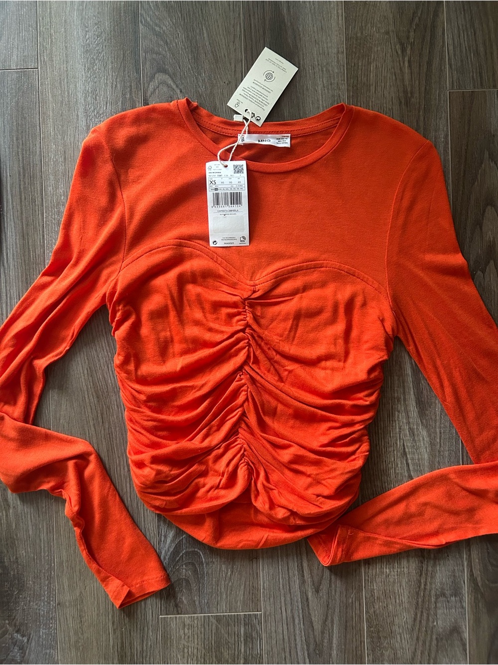 Mango Orange Long Sleeve Ruched Front Top
